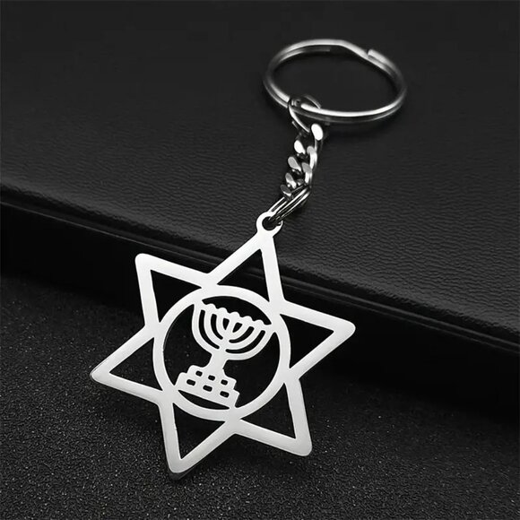 Star of David Keychain Keyring Bag Charm Menorah Silver Tone OS New - Picture 2 of 9